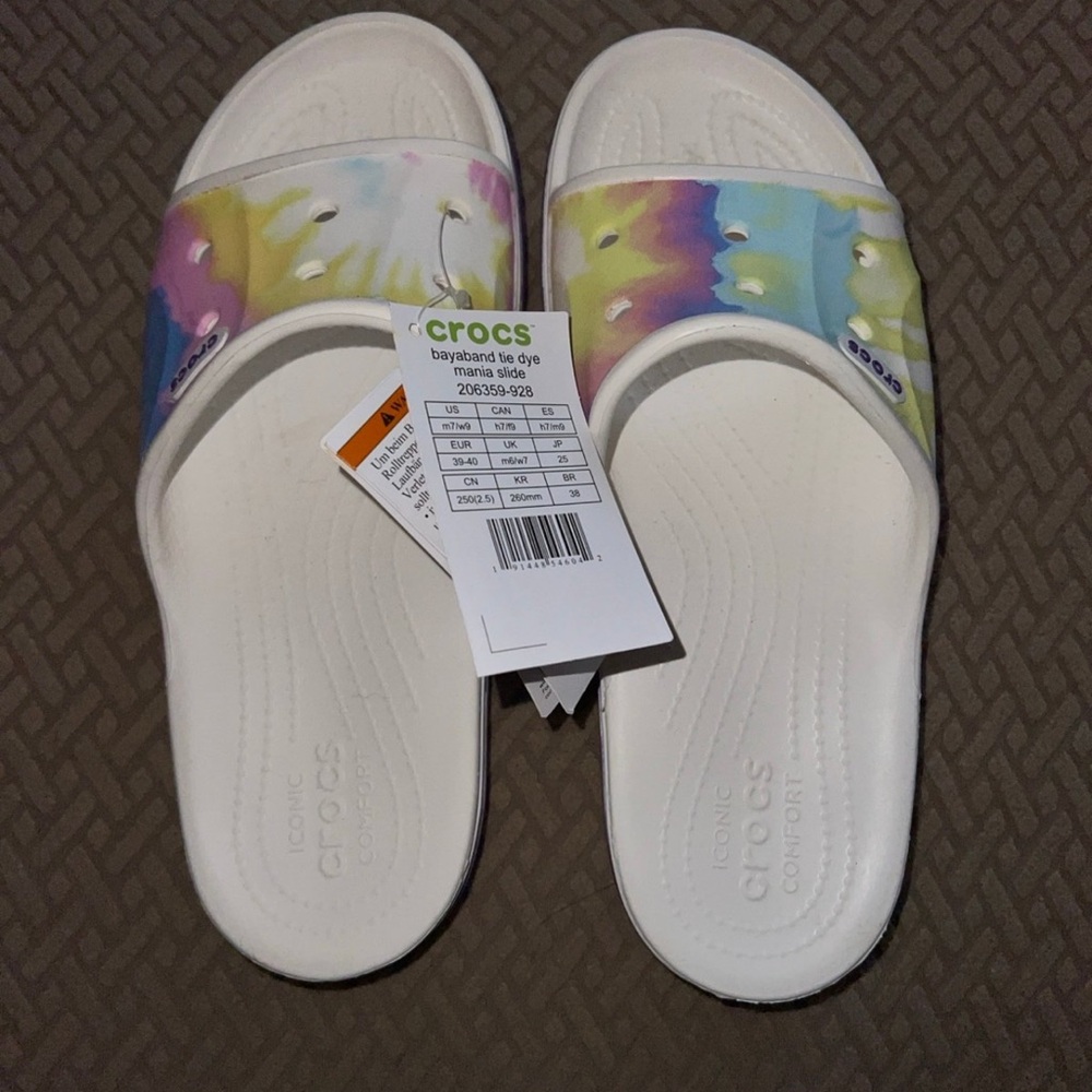 CROCS Kids Tie-Dye Slide Sandals - White and Multicolor